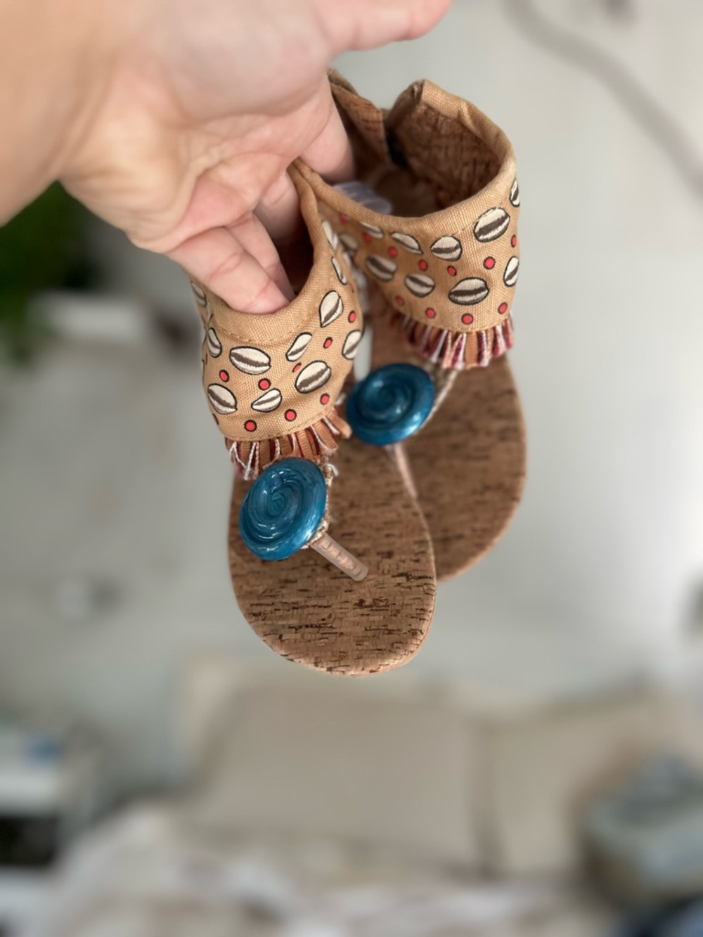 Disney Moana Tan Sandals with Blue Accent Swirl. Cork sole. Zip sandals for girl